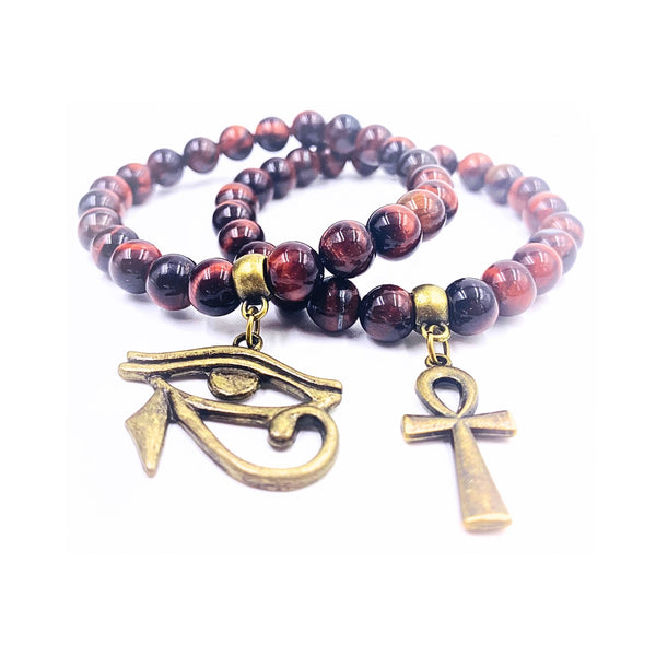 Red Tiger Eye w/Bronze Ankh & Eye of Horus 2PC Bracelet Set