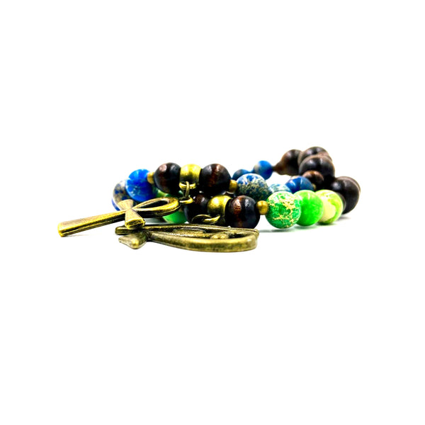Ebony Wood & Jasper 2pc Bracelet Set (Green/Blue)