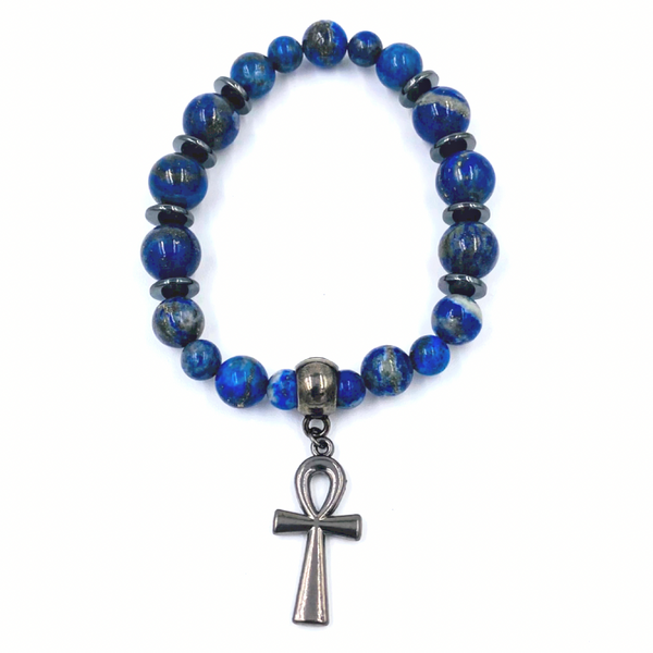Blue Lapis Lazuli Bracelet w/ Dark Ankh Charm