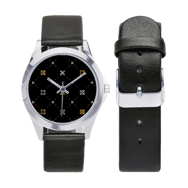Adinkra Silver-Tone Round Leather Watch