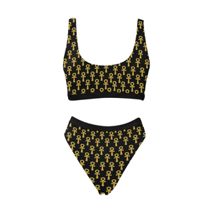 Black and Gold Ankh High-Waisted Bikini Swimsuit