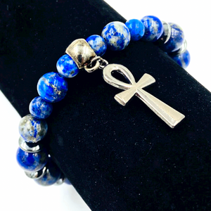 Blue Lapis Lazuli Bracelet w/ Dark Ankh Charm