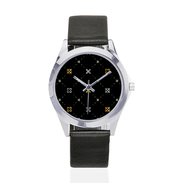Adinkra Silver-Tone Round Leather Watch