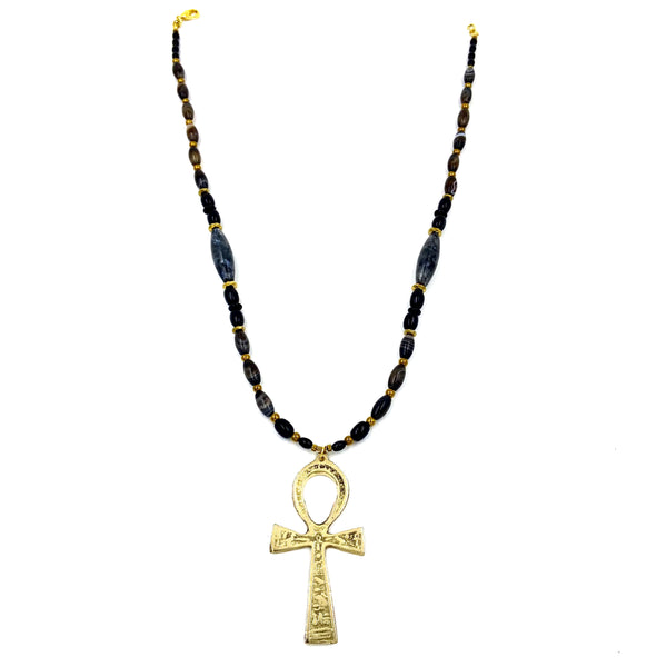 Ankh Necklace with Gold Brass Ankh Pendant  Beaded Ankh Necklace  Gold Ankh Necklace  Lava Stone and Gold Hematite Necklace  Egyptian Ankh Necklace  Mens African Jewelry - Egyptian Jewelry
