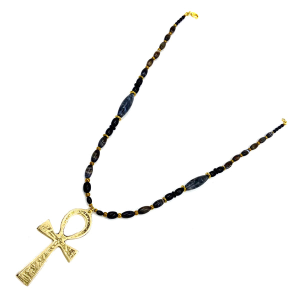 Ankh Necklace with Gold Brass Ankh Pendant  Beaded Ankh Necklace  Gold Ankh Necklace  Lava Stone and Gold Hematite Necklace  Egyptian Ankh Necklace  Mens African Jewelry - Egyptian Jewelry