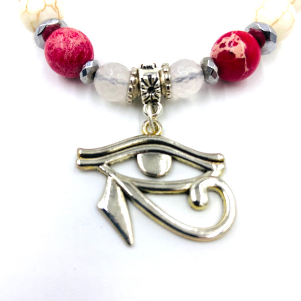 Cream & Rose Quartz & Red Jasper Eye of Horus Bracelet