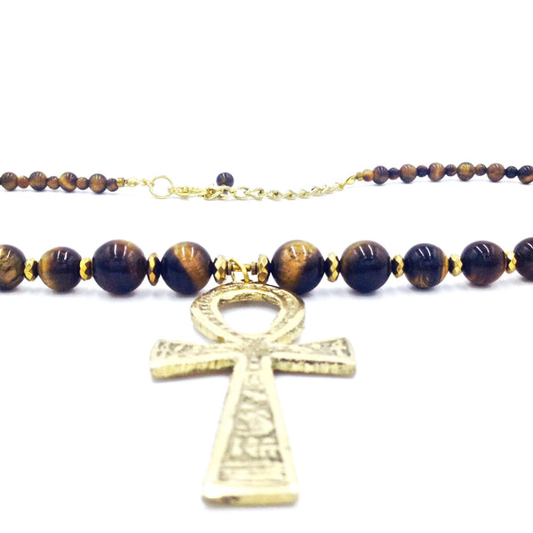 Tiger Eye Ankh Necklace    Ankh Necklace with Gold Brass Ankh Pendant Egyptian Kemetic African Ankh Necklaces - Men's and Women's Ankh Jewelry - Egyptian Jewelry