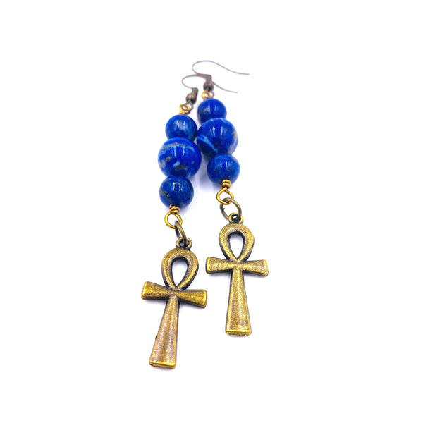 Lapis Lazuli / Bronze Ankh Earrings