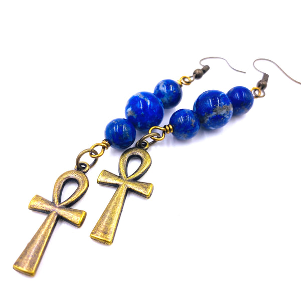 Lapis Lazuli / Bronze Ankh Earrings