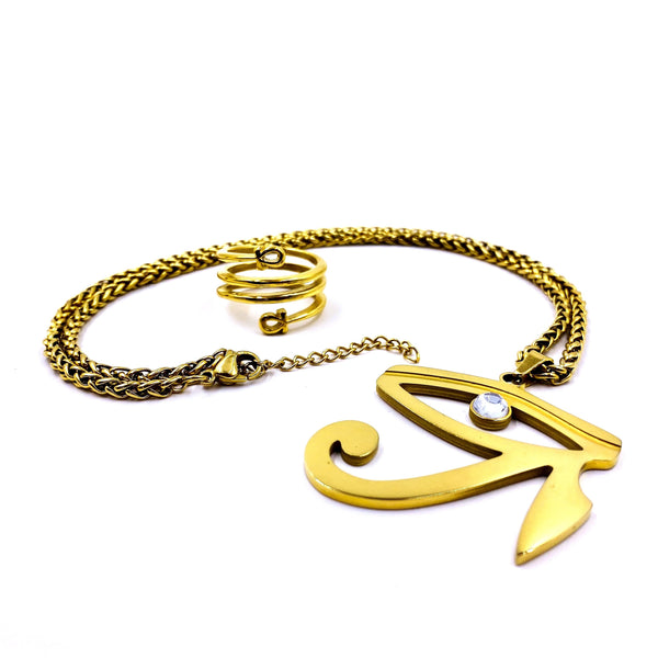 Eye of Ra Chain & Ankh Wrap Ring (18k Gold) {Bundle}