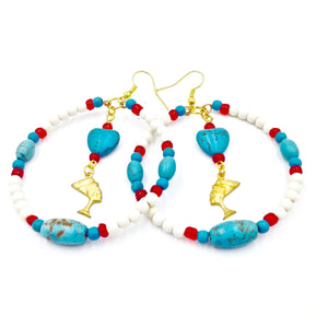 Blue, Red and Cream Turquoise Nefertiti Hoop Earrings
