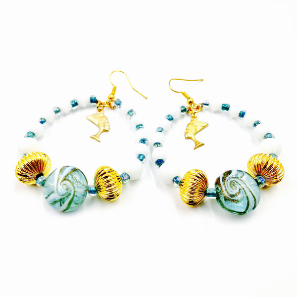 White Jade & Candy Swirl Nefertiti Hoop Earrings