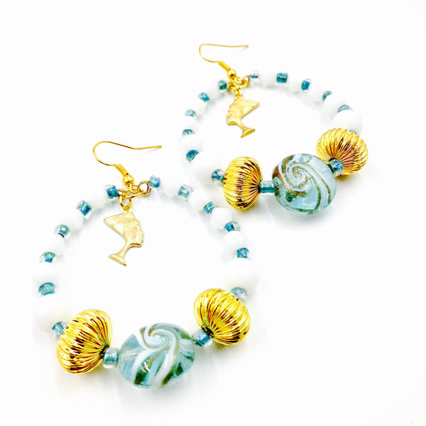 White Jade & Candy Swirl Nefertiti Hoop Earrings