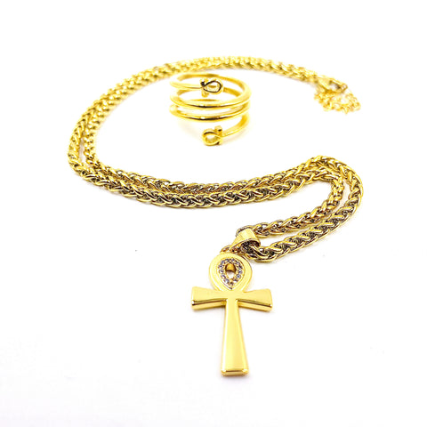 24K Ankh Chain & Ankh Wrap Ring (18k Gold) {Bundle}