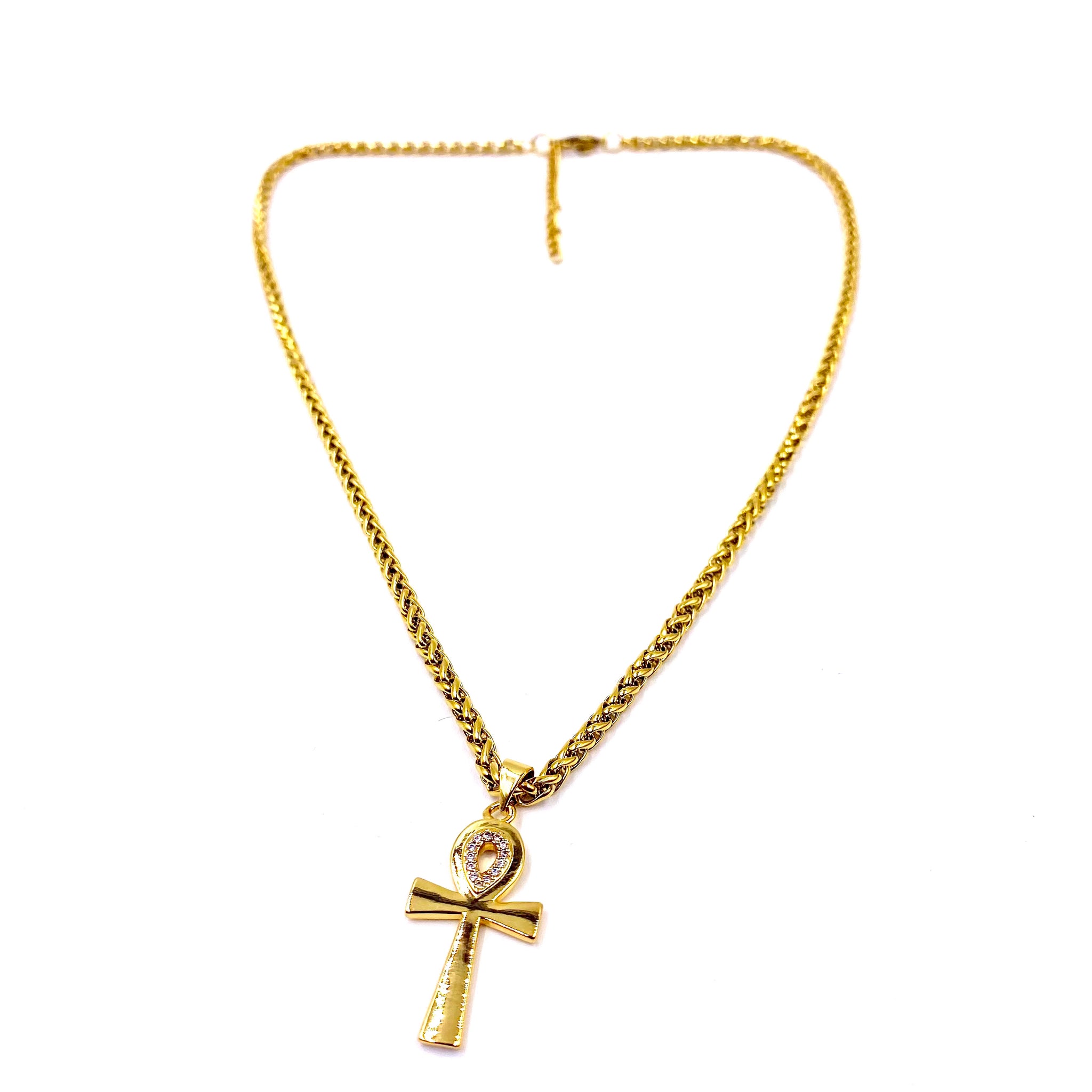 24K Gold Filled Ankh Necklace w/2MM Rope Chain