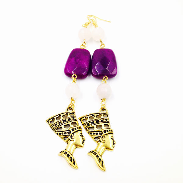 Rose Quartz and Violet Quartz Nefertiti Earrings