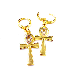 18K Gold Ankh Earrings (Rhinestone)