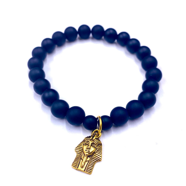 Matte Onyx Bracelet w/ Brass Pharaoh Charm