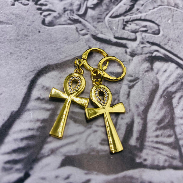 18K Gold Ankh Earrings (Rhinestone)