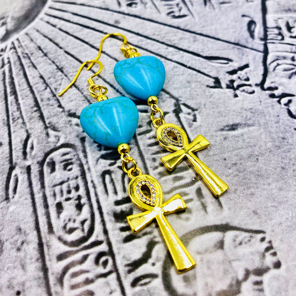 Turquoise Hearts 18k Gold Ankh Earrings