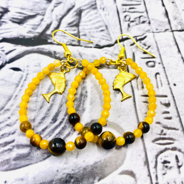 Yellow Jade & Tigers Eye Nefertiti Hoop Earrings