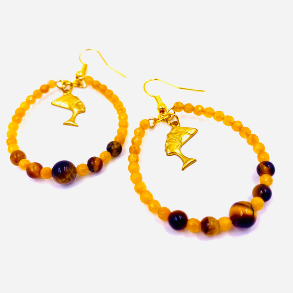 Yellow Jade & Tigers Eye Nefertiti Hoop Earrings