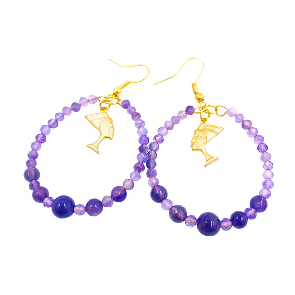 Purple Jade & Amethyst Nefertiti Hoop Earrings