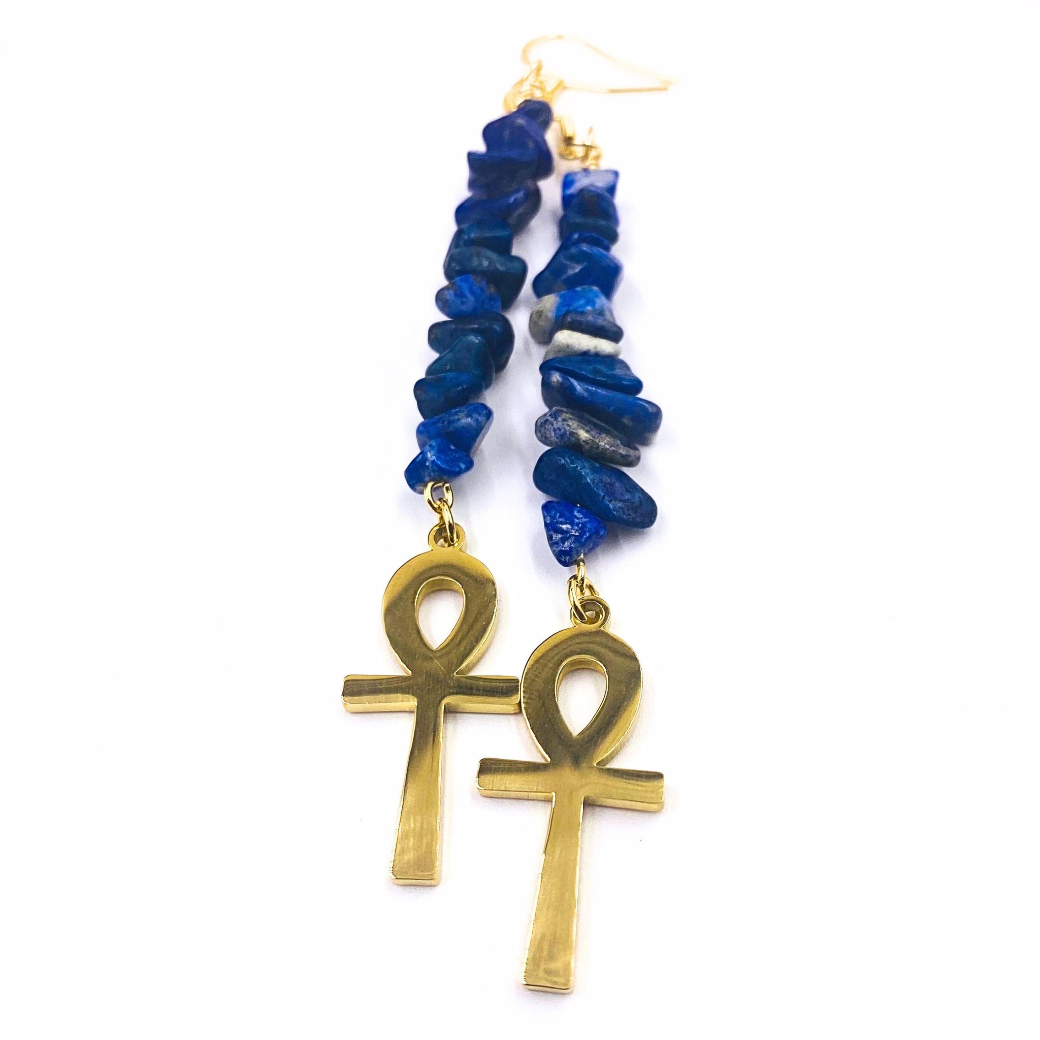 18k Gold Ankh Earrings (Lapis Lazuli Chips)