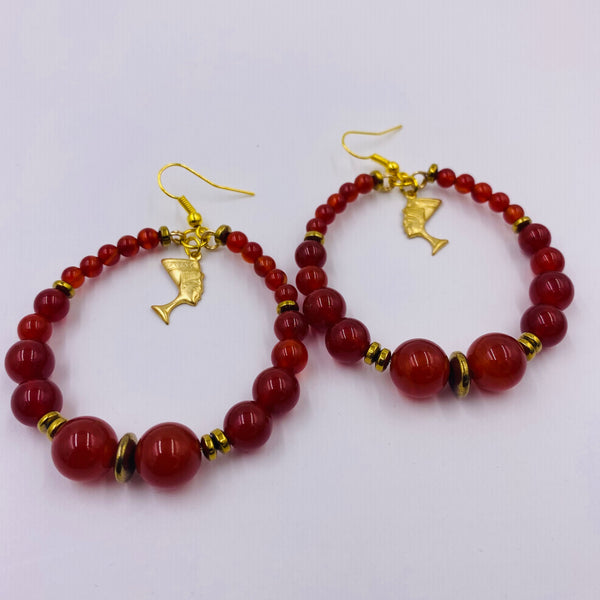 Red Carnelian Nefertiti Hoop Earrings
