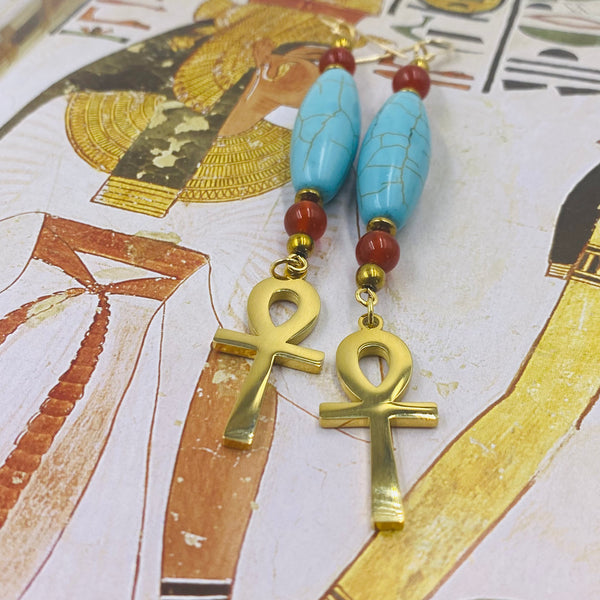 18k Gold Ankh Earrings (Turquoise & Red Carnelian)