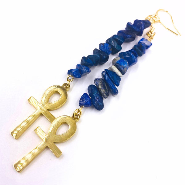 18k Gold Ankh Earrings (Lapis Lazuli Chips)