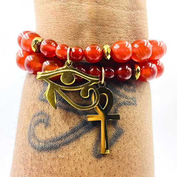 Nubian Bracelet 2Pc Set (18k Gold & Red Carnelian/Jade)