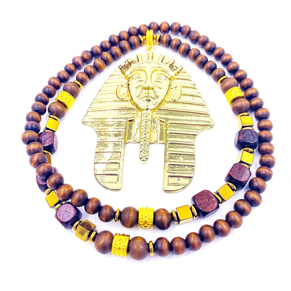 Pharaoh Necklace w/ Ebony Wood Beads & Gold Hematite