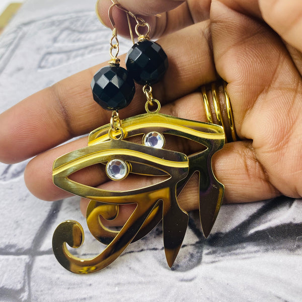 Faceted Onyx & 18K Gold Eye of Ra Earrings