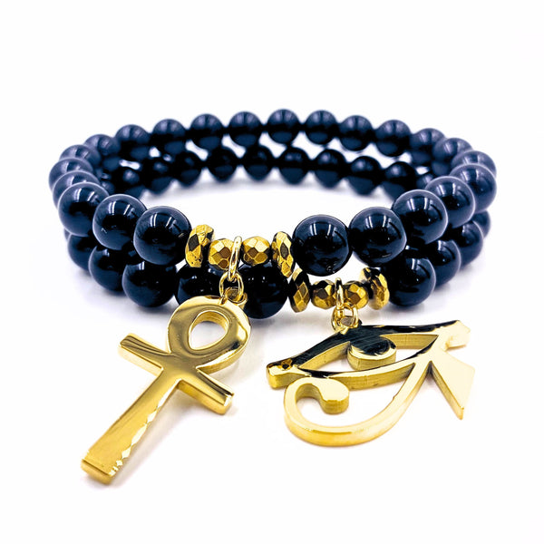 Nubian Bracelet Set (8MM) (Black Onyx / 18k Gold)