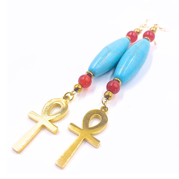 18k Gold Ankh Earrings (Turquoise & Red Carnelian)