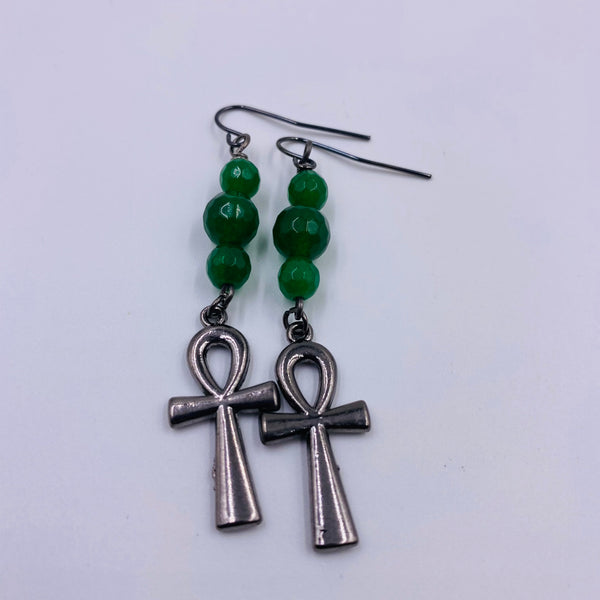 Green Jade / Dark Metal Ankh Earrings