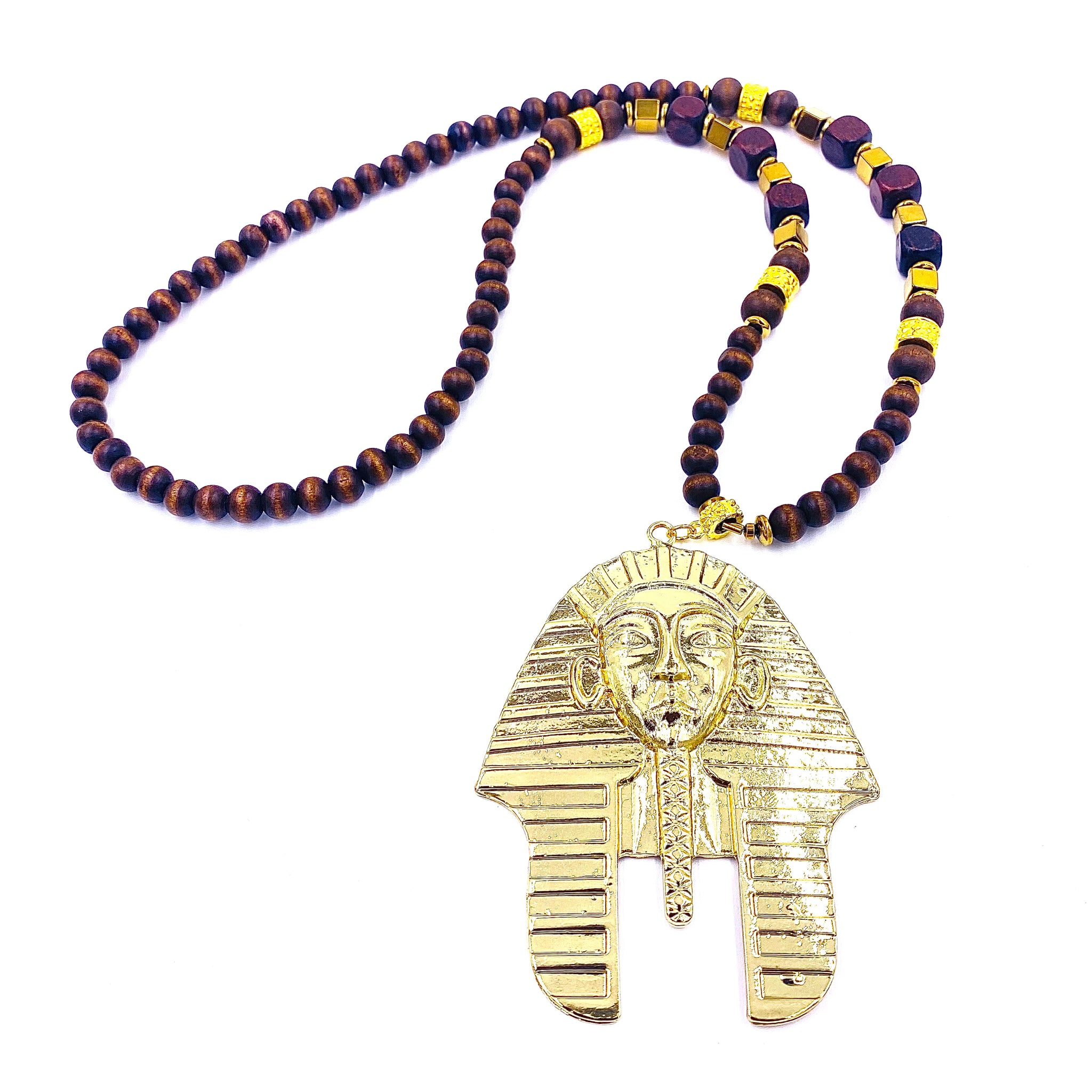Pharaoh Necklace w/ Ebony Wood Beads & Gold Hematite