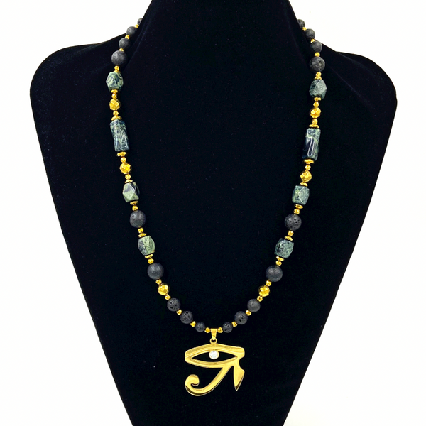 African Jade and Lava Stone Third Eye Necklace